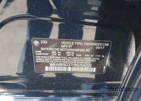 2017 BMW 330I from USA, damaged, VIN WBA8B9G37HNU54209